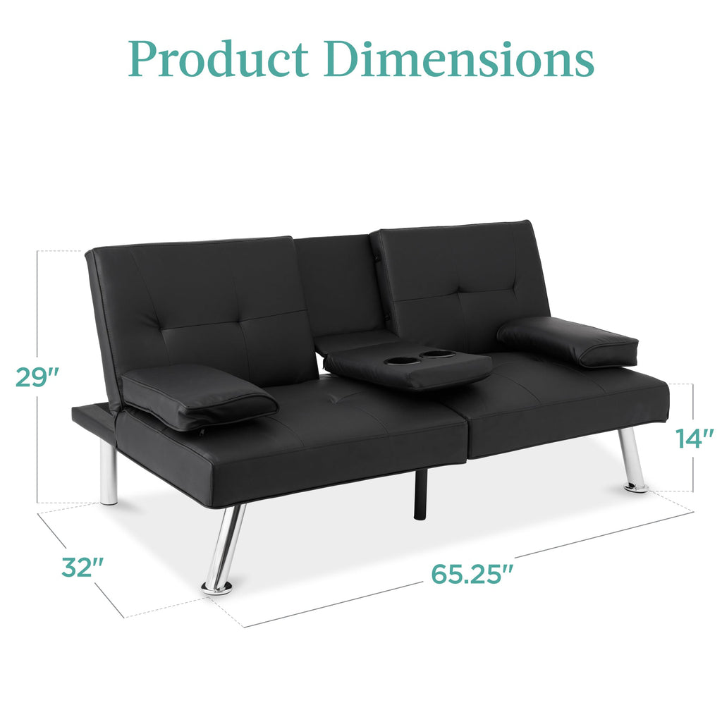 Faux Leather Upholstered Convertible Sofa Bed Futon w/ 2 Cupholders