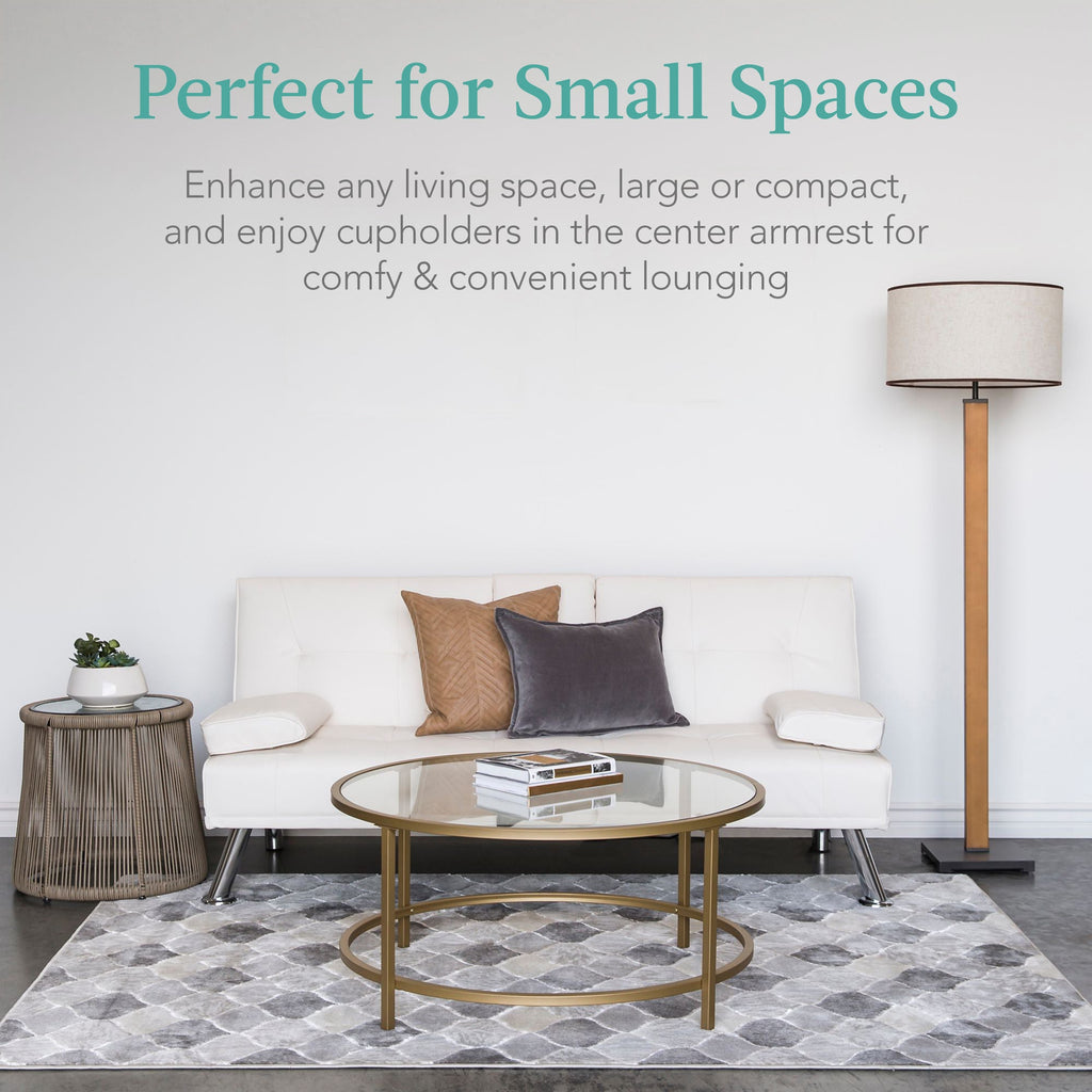 Faux Leather Upholstered Convertible Sofa Bed Futon w/ 2 Cupholders