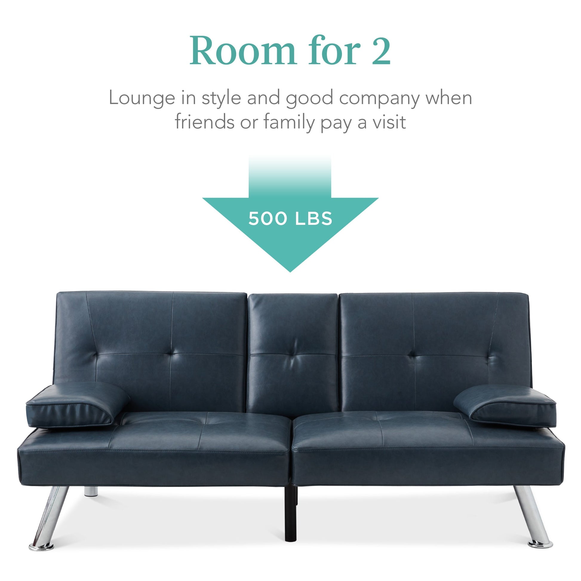 Faux Leather Upholstered Convertible Sofa Bed Futon w/ 2 Cupholders