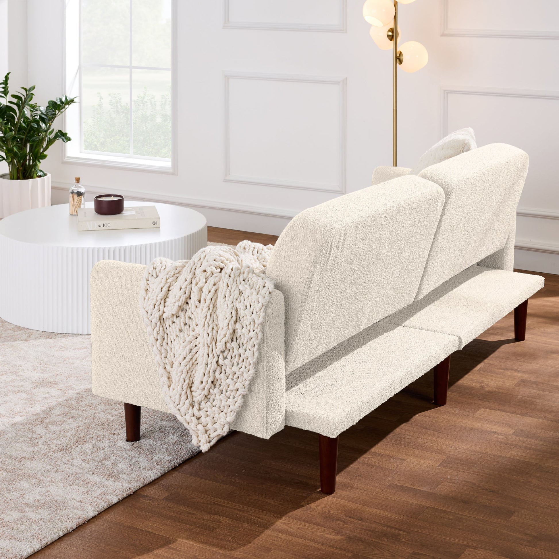 Curved Convertible Futon, Boucle Fabric Split-Back Sleeper Bed