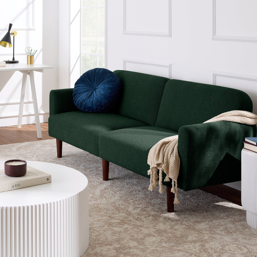 Curved Convertible Futon, Boucle Fabric Split-Back Sleeper Bed