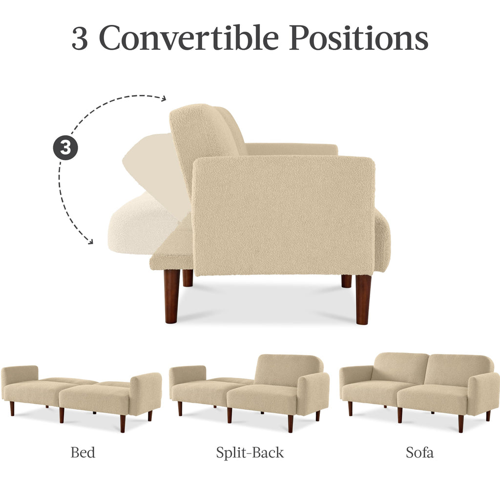 Curved Convertible Futon, Boucle Fabric Split-Back Sleeper Bed