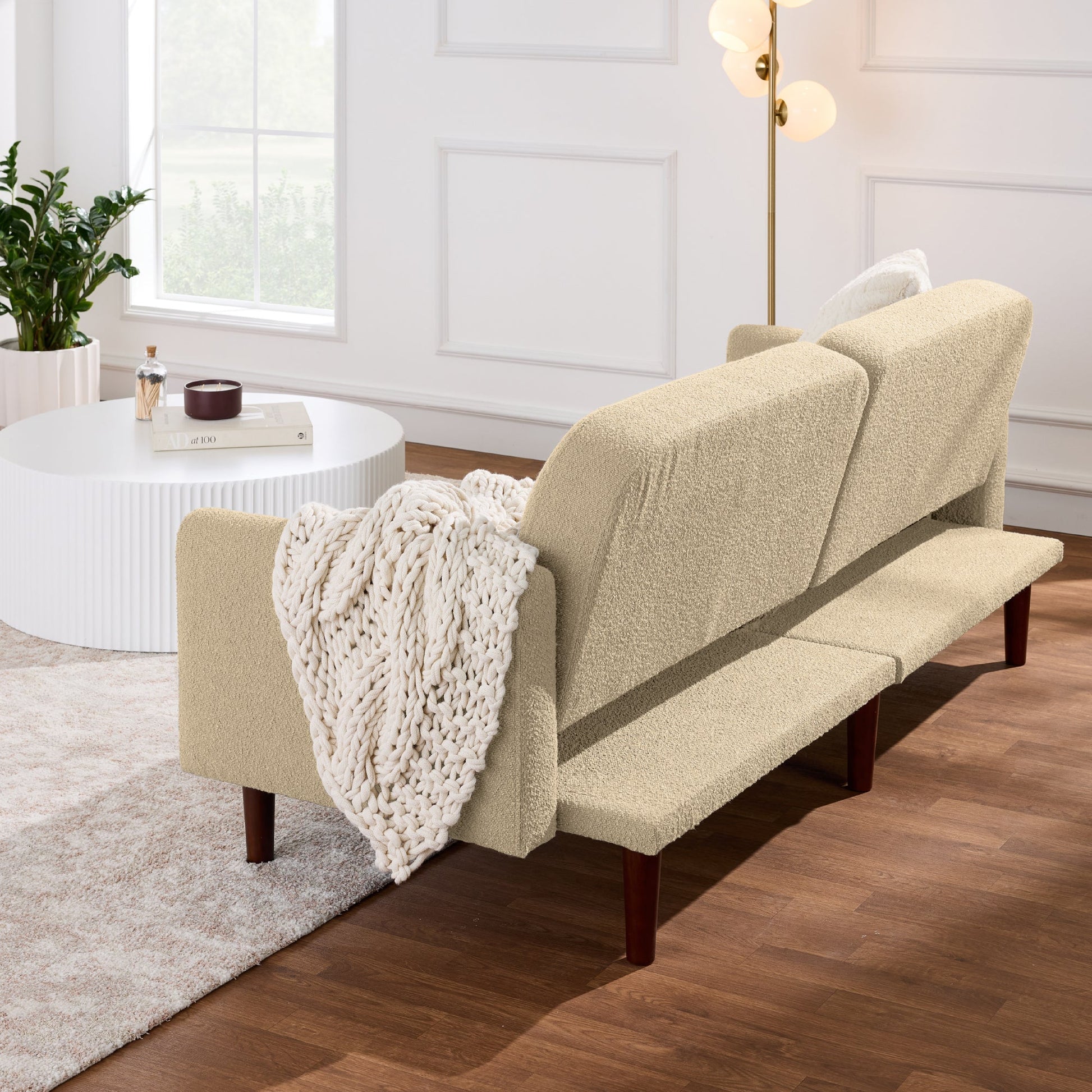 Curved Convertible Futon, Boucle Fabric Split-Back Sleeper Bed