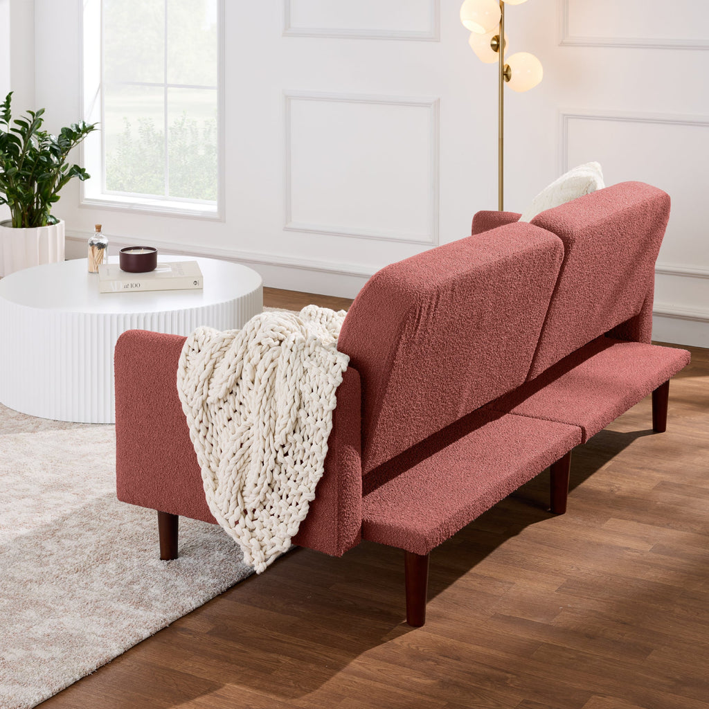 Curved Convertible Futon, Boucle Fabric Split-Back Sleeper Bed