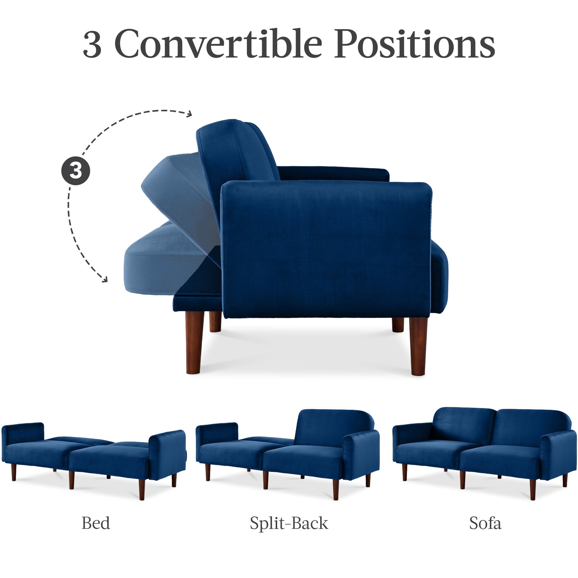 Curved Convertible Futon, Velvet Fabric Split-Back Sleeper Bed