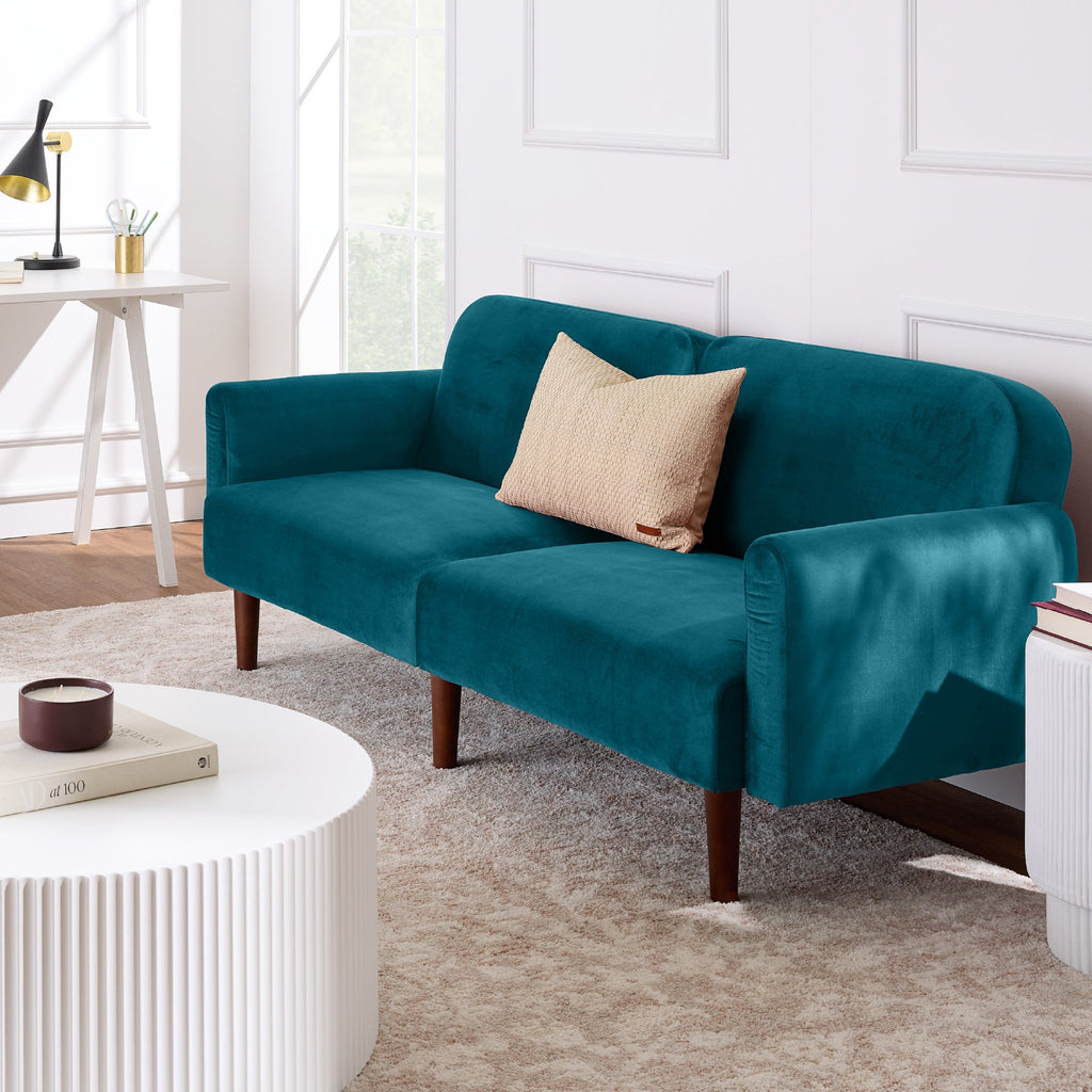 Curved Convertible Futon, Velvet Fabric Split-Back Sleeper Bed