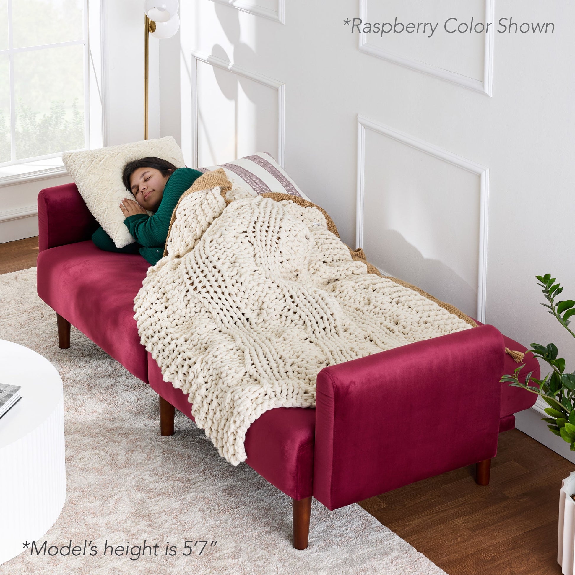 Curved Convertible Futon, Velvet Fabric Split-Back Sleeper Bed