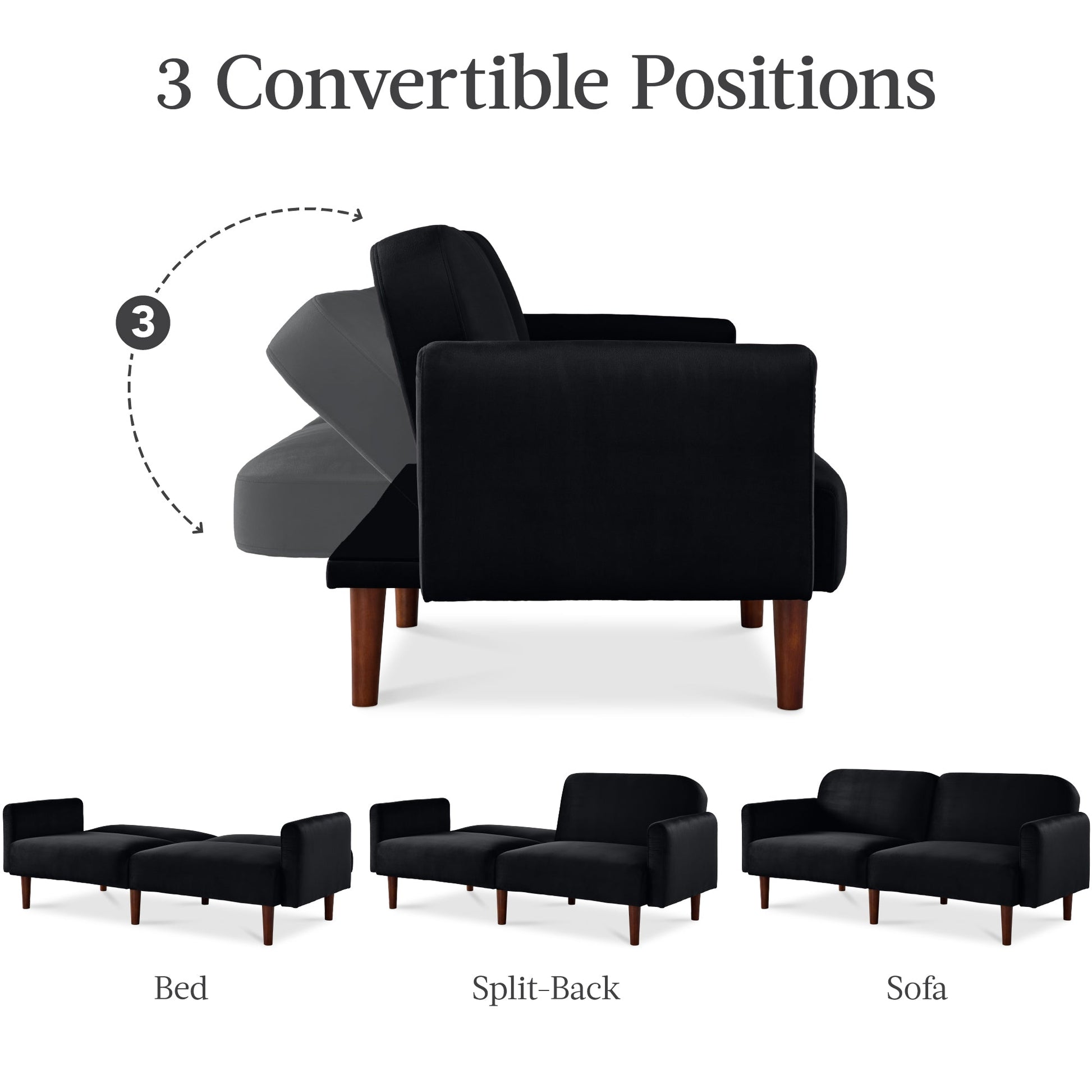 Curved Convertible Futon, Velvet Fabric Split-Back Sleeper Bed