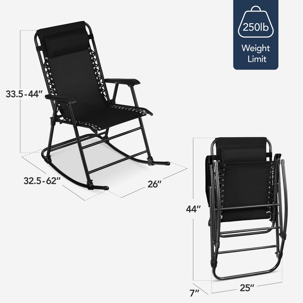 Folding Outdoor Zero Gravity Rocking Lounge Chair w/ Headrest Pillow