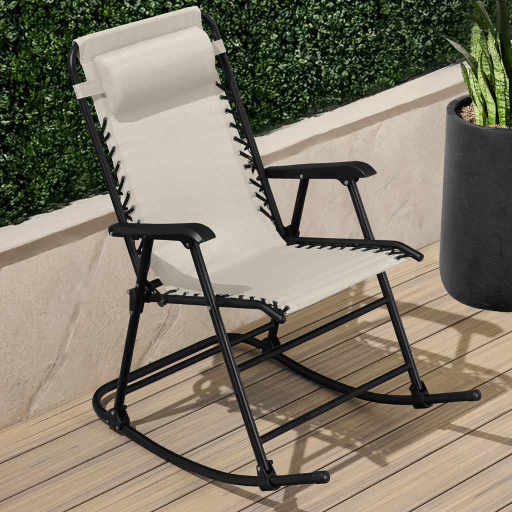 Folding Outdoor Zero Gravity Rocking Lounge Chair w/ Headrest Pillow
