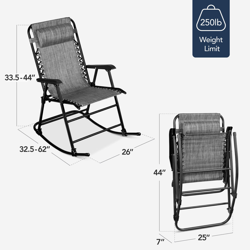 Folding Outdoor Zero Gravity Rocking Lounge Chair w/ Headrest Pillow