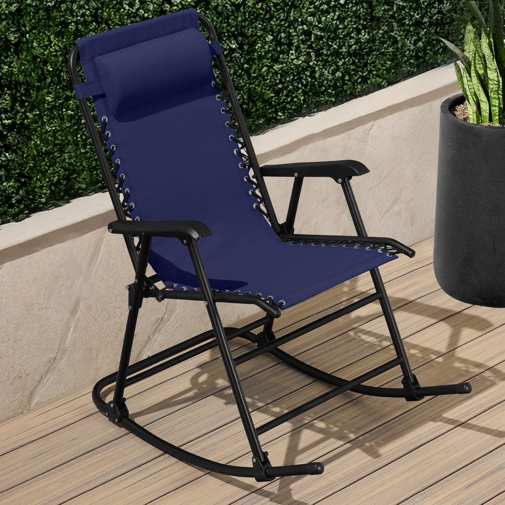 Folding Outdoor Zero Gravity Rocking Lounge Chair w/ Headrest Pillow