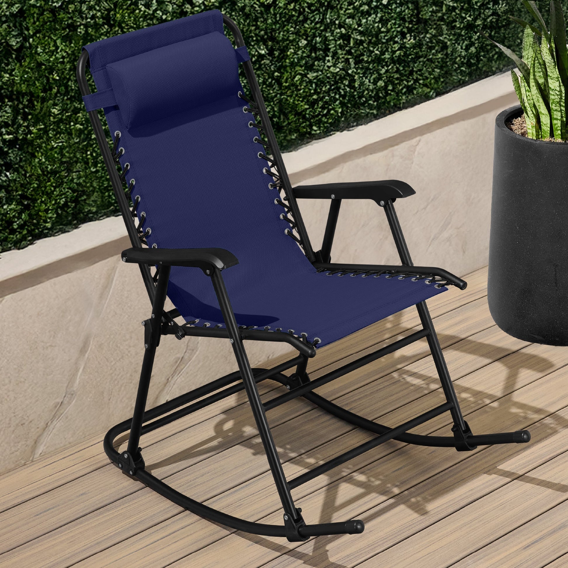Folding Outdoor Zero Gravity Rocking Lounge Chair w/ Headrest Pillow