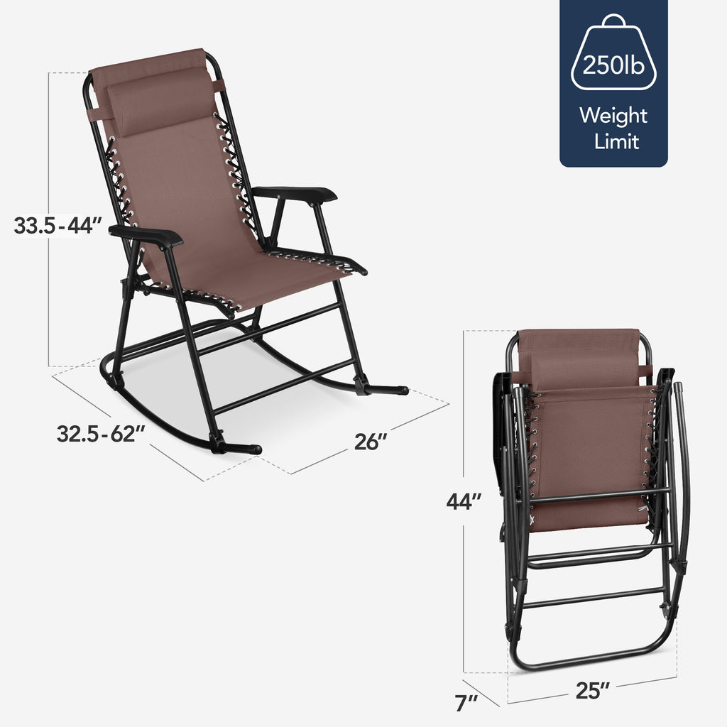 Folding Outdoor Zero Gravity Rocking Lounge Chair w/ Headrest Pillow