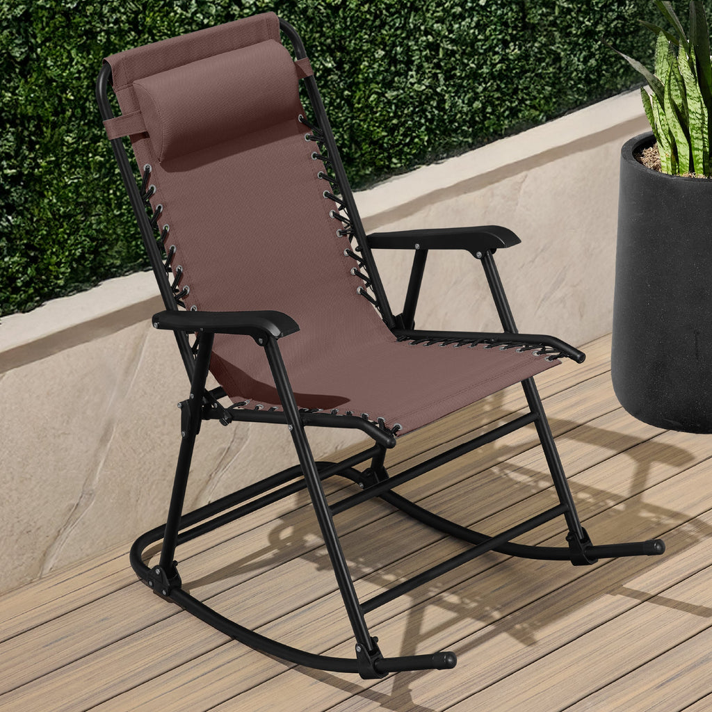 Folding Outdoor Zero Gravity Rocking Lounge Chair w/ Headrest Pillow