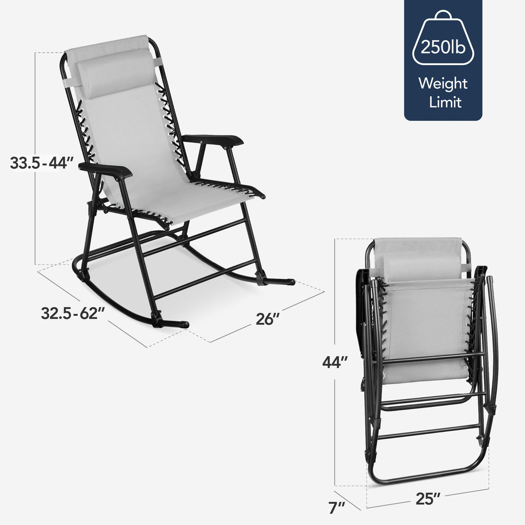 Folding Outdoor Zero Gravity Rocking Lounge Chair w/ Headrest Pillow