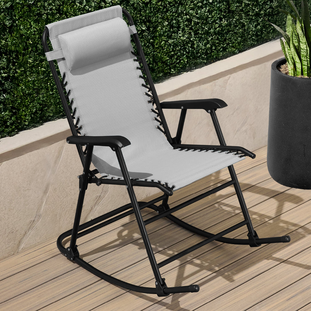 Folding Outdoor Zero Gravity Rocking Lounge Chair w/ Headrest Pillow