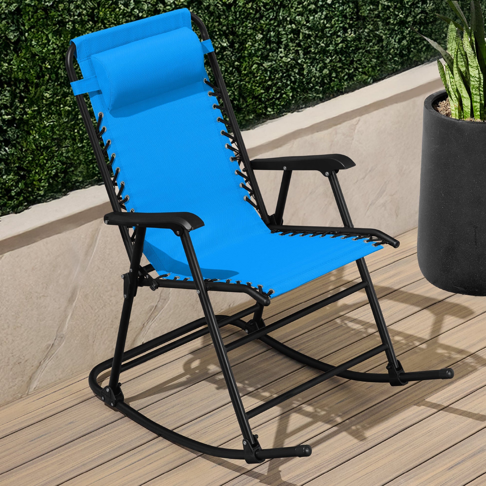 Folding Outdoor Zero Gravity Rocking Lounge Chair w/ Headrest Pillow