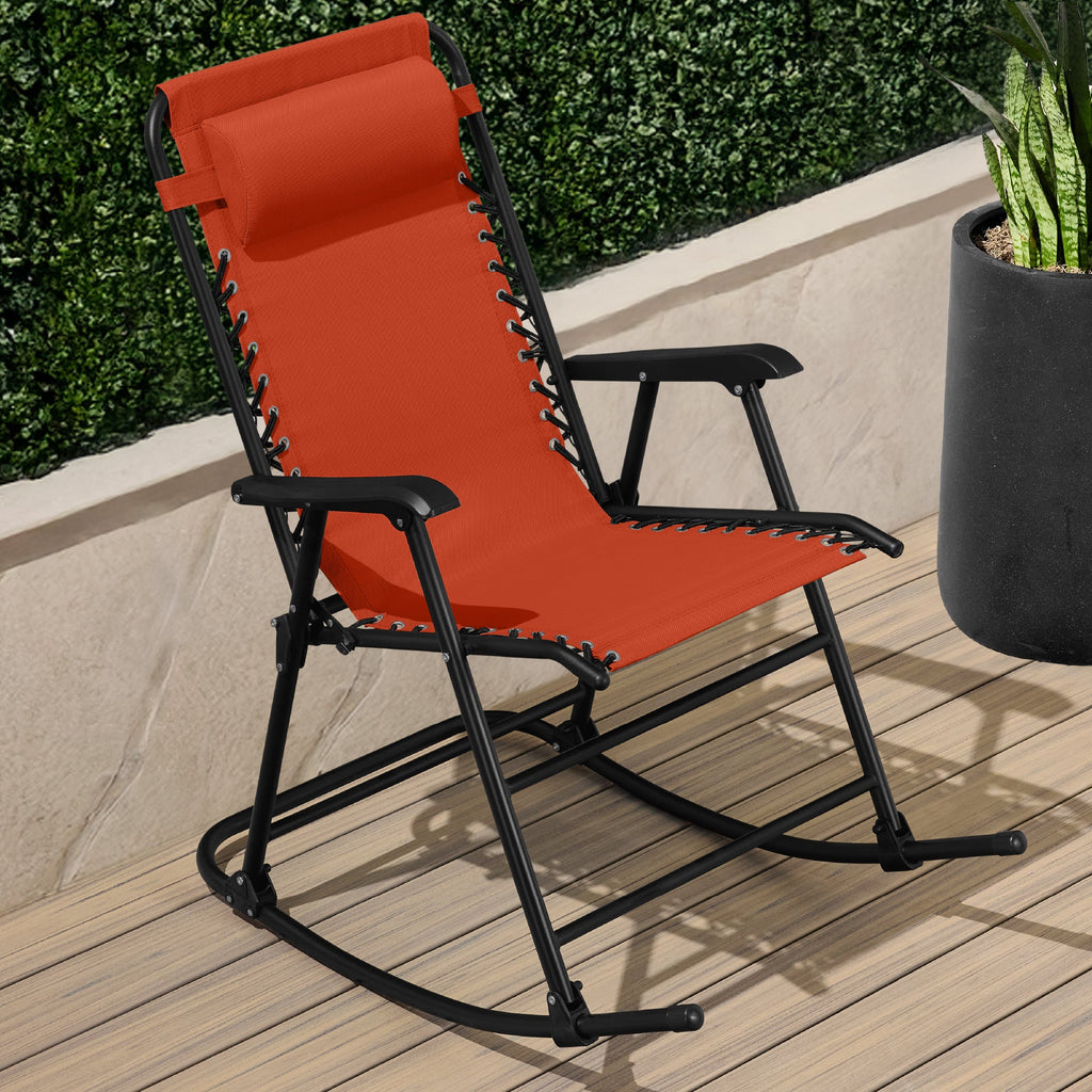 Folding Outdoor Zero Gravity Rocking Lounge Chair w/ Headrest Pillow