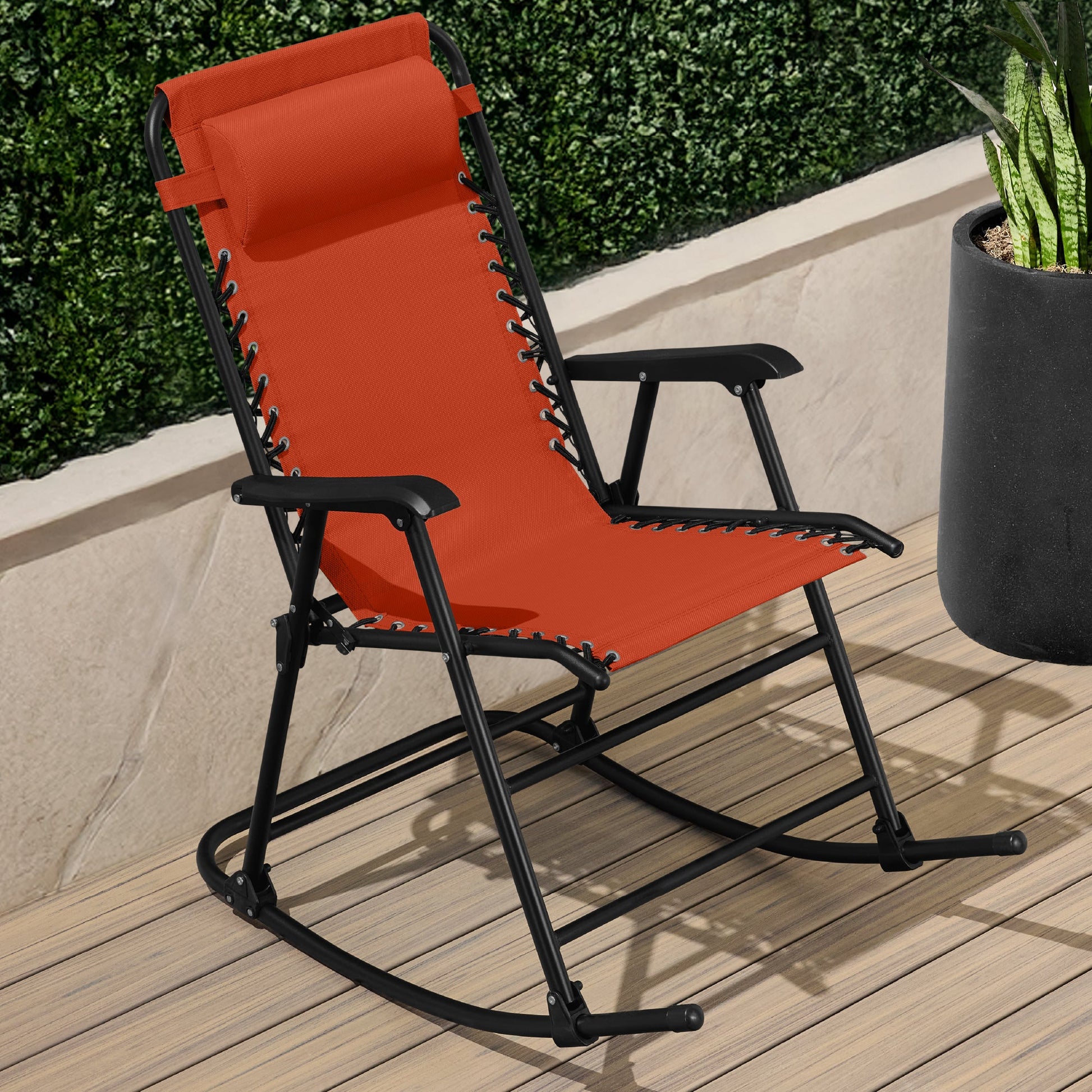 Folding Outdoor Zero Gravity Rocking Lounge Chair w/ Headrest Pillow