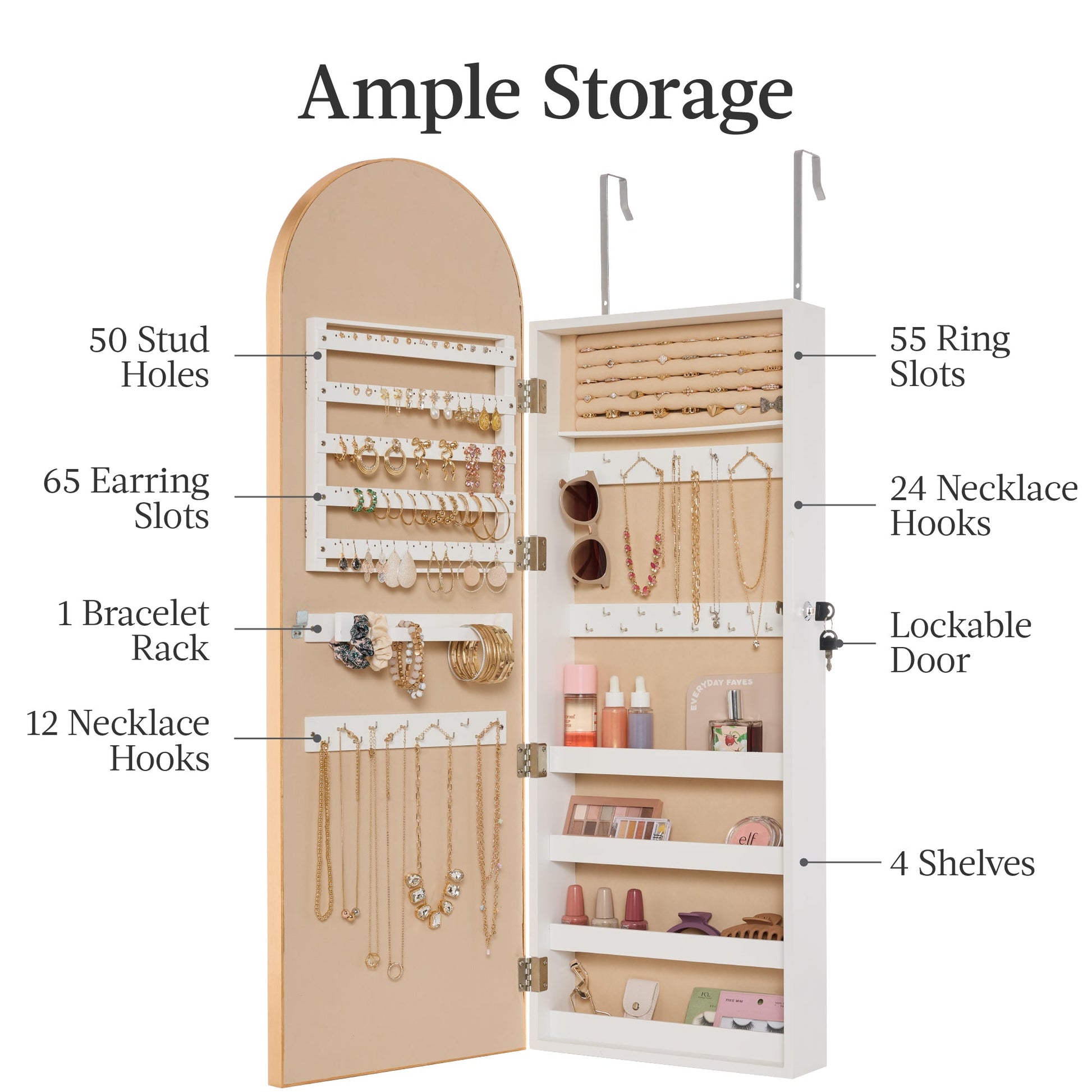 Door/Wall Mounted Arch Mirror Jewelry Armoire, w/ Metal Frame, Built-In Lock
