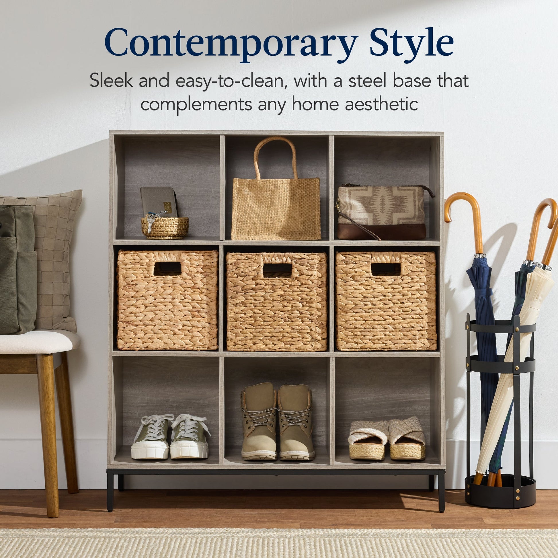 Elevated 9-Cube Storage Organizer, 11in Bookshelf, w/ Metal Legs