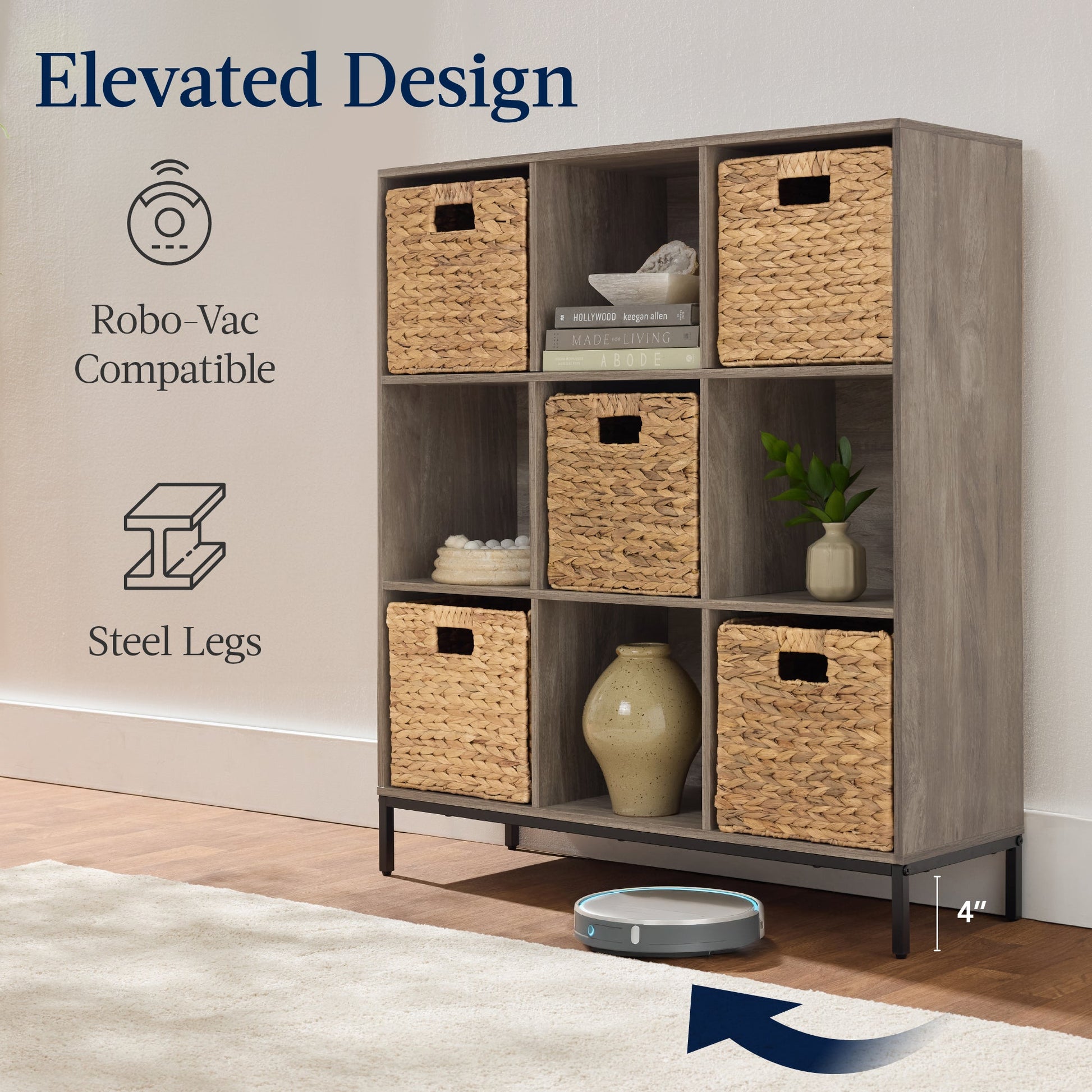 Elevated 9-Cube Storage Organizer, 11in Bookshelf, w/ Metal Legs