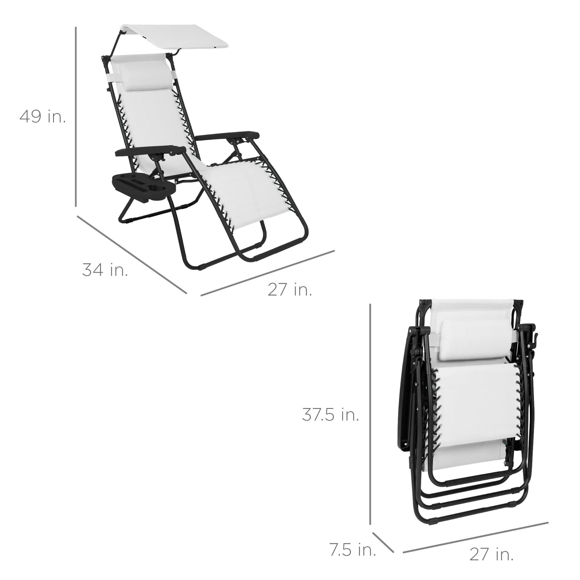 Folding Zero Gravity Recliner Patio Lounge Chair w/ Canopy, Side Tray