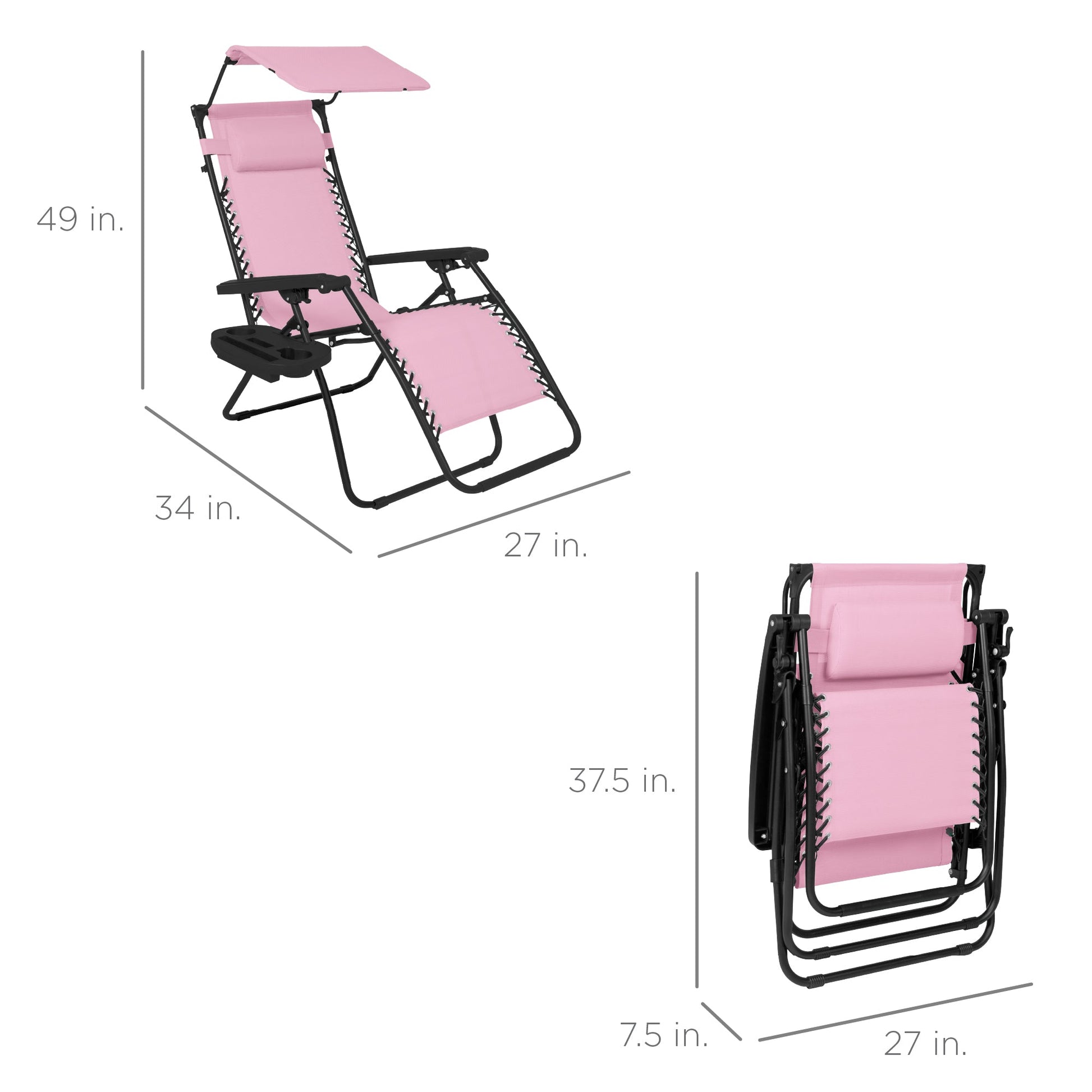 Folding Zero Gravity Recliner Patio Lounge Chair w/ Canopy, Side Tray
